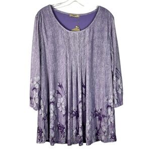 Timeson No-Iron Slinky Knit Purple Floral Long Sleeve Tunic Top Blouse XL NWT